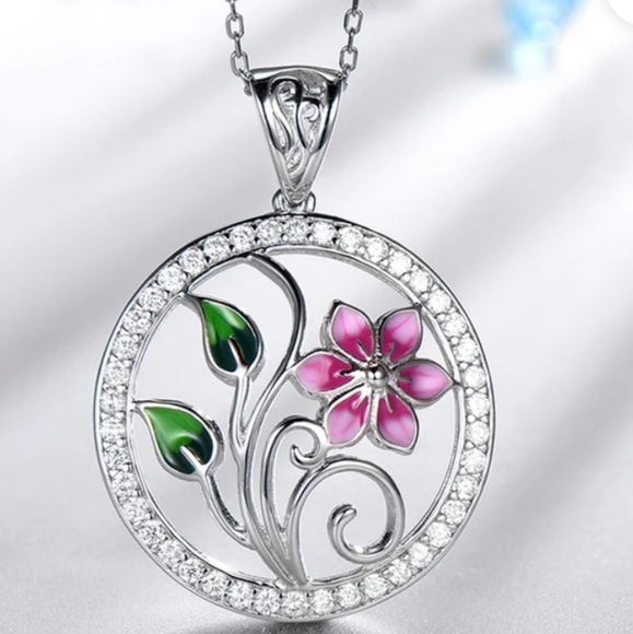 DDeco Jewelry Jewelry - NWOT! Deco Jewel Pink Flower w/ Leaves Enamel Pendant  Sterling Silver Necklace
